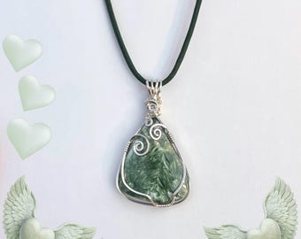 Natural Seraphinite, Silvery Green Angel Wings Pendant, Sterling Silver Wire Wrap, Genuine Leather Cord, .925 Artisan Hook Clasp, Gift Box