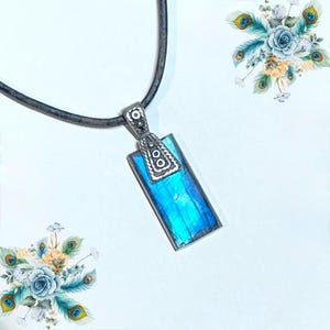 Bright Blue Labradorite Pendant, Tribal Theme Elements in Antique Silver, Natural Semiprecious Gemstone, Artisan Handcrafted, Gift Box