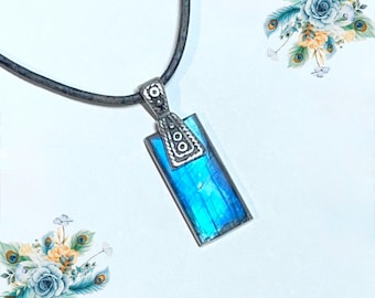 Bright Blue Labradorite Pendant, Tribal Theme Elements in Antique Silver, Natural Semiprecious Gemstone, Artisan Handcrafted, Gift Box