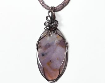 Amethyst Sage Agate Pendant ~ Solid Copper Wire Wrap ~ Steely Purple Patina ~ Genuine Leather Cord ~ Artisan Crafted ~ One of a Kind