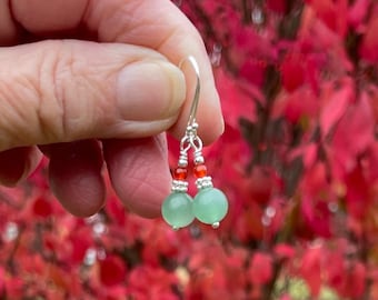 Aventurine & Carnelian Drop Earrings, Christmas Colors, Hypoallergenic Sterling Silver, Natural Semiprecious Gemstones, Handmade, Gift Box