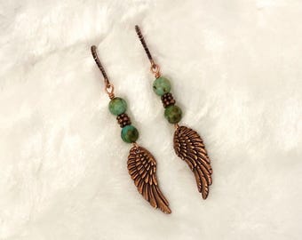 African Turquoise & Angel Wing Charm Earrings, Copper Tones, Natural Semiprecious Gemstones, Artisan Design, Handmade, Gift Box