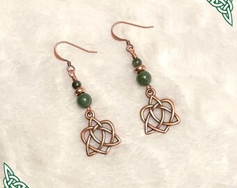 Celtic Trinity Love Knot & Green Green Jasper Dangle Earrings, Antique Copper, Handmade, Never Ending Love, St Patricks Day, Gift Box