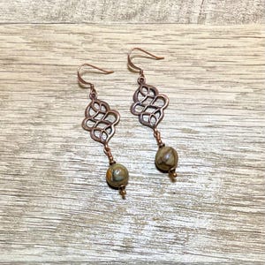 Natural Picasso Jasper, Artistic Dangle Earrings, Antique Copper Filigree Scrolls, Rustic Design, Hand Made, Gift Box