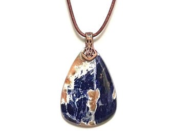 Sunset Sodalite Pendant, Natural Blue Orange Teardrop Gem on Genuine Leather Cord, Antique Copper Tones, One of a Kind, Handmade, Gift Box
