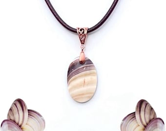 Genuine Wampum Shell Pendant, Rose Gold, Purple Quahog Clamshell, Genuine Leather, Handmade, Cultural Significance, Gift Box