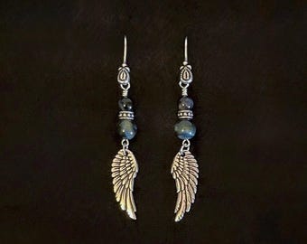 Blue Tigers Eye, Hawks Eye & Silver Wing Charm Earrings, Chatoyant Natural Semiprecious Gemstones, Artisan Earwires, Handmade, Gift Box