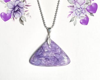 Charoite Pendant, Sterling Silver Chain, Purple Triangle Designer Cut, Semiprecious Natural Gemstone, Handcrafted, Gift Box