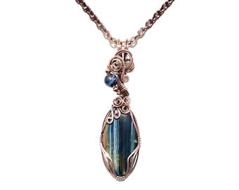 Blue Tigers Eye Copper Pendant, Hand Wire Wrapped One-of-a-Kind Artisan Jewelry