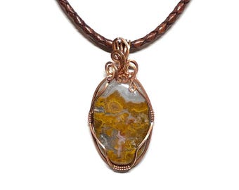 Moroccan Apple Valley Agate Pendant, Hand Wrapped Copper on Leather Cord