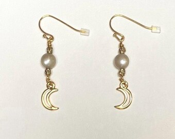 Natural Moonstone & Gold Moon Charms Dangle Earrings, Shimmering Semiprecious Gemstone beads, Twilight/Nature, Individually Handmade, 1 Only