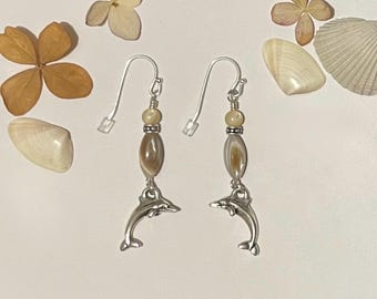 Silver Dolphins and Genuine Shell Dangle Earrings, Iridescent Natural Mother of Pearl, Ocean Theme, Individually Handmade