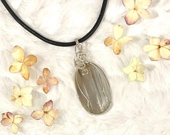 Botswana Agate Pendant, Sterling Silver Filled Wire Wrap on Leather, Gift Box