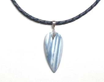 Blue Striped Chalcedony Pendant, Sterling Silver Leaf Bail & Toggle Clasp, Braided Leather Cord, One-of-a-Kind Artisan Jewelry, Gift Box