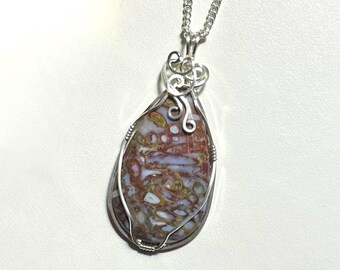 Genuine Fossil, Ancient Palm Root Agate Pendant, Chain, 925 1/10 Sterling Silver Filled, Semiprecious Gemstone, Handcrafted, Gift Box