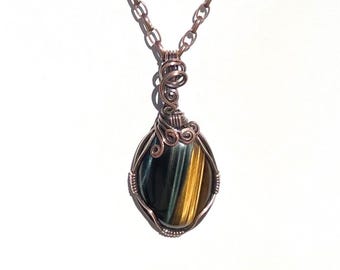 Golden Blue Tigers Eye Long Copper Pendant, Hand Wire Wrapped, OOAK Artisan Jewelry