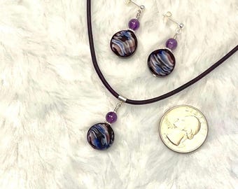 Spun Glass and Natural Amethyst, Matching Pendant & Earring Set, Sterling Silver, Genuine Leather, Artisan Handmade, Gift Box