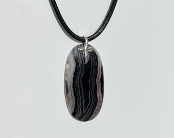 Black Banded Agate Oval Pendant, Sterling Silver Dagger Bail, Handsome Banding, Real Leather, 925 Clasp & Cord Ends, Handmade, Gift Box