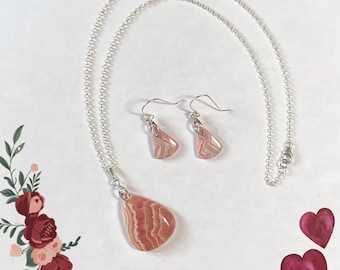 Pink Rhodochrosite Pendant, Sterling Silver, Matching Earrings, Natural Gems, Valentine, Gift Box, Handmade