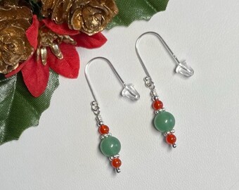 Aventurine & Carnelian Drop Earrings, Sterling Silver, Christmas Colors, Natural Semiprecious Gemstones, Handmade, Gift Box