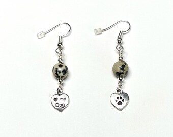 Love my Dog Paw Print & Dalmatian Jasper Earrings, Natural Stones, Individually Handmade