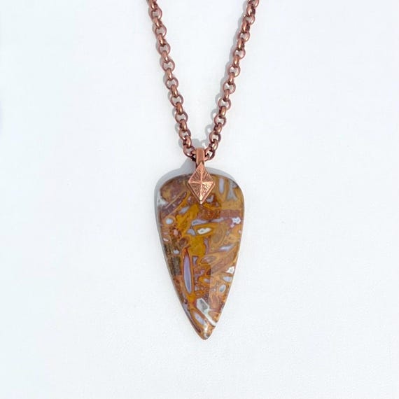 Fossilized Ancient Palm Root Agate Pendant, Natural Semiprecious Gemstone, Antique Copper Tones, Chain and Lobster Clasp, Gift Box, Handmade