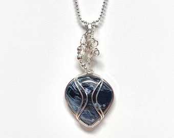 Namibian Pietersite Pendant – Sterling Silver Wire Wrap, Italian 925 Chain, Blue Stormy Stone, One of a Kind