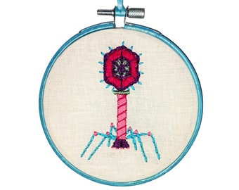 Bacteriophage Embroidery, Science Art, Biology, Handmade, 4 Inches