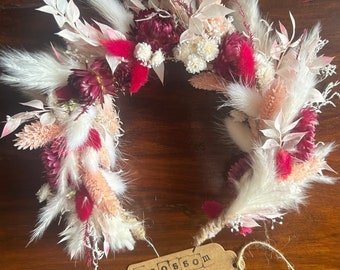 Dried White and Deep Pink Flower crown Headband- Marilyn