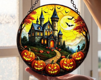 Atrapasol de vitrales de Halloween con castillo embrujado y calabaza/Colgante espeluznante para ventanas/Regalo para amantes de la calabaza y el castillo de Halloween