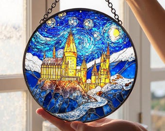 Wizard School Stained Glass Suncatcher | Starry Night Castle Window Art