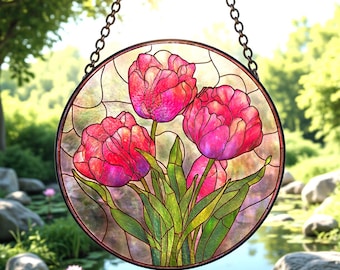 Pink Tulips Stained Glass Suncatcher/Folk Flower Tulips Window Hanging Decor/Sympathy Gifts for Mom, Grandma, Teacher/Tulips Lovers Gift
