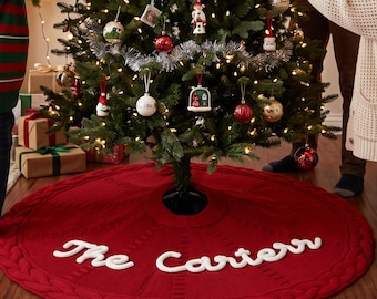 Personalized Knit Christmas Tree Skirt with Chenille Family Name, Custom Holiday Tree Mat for Family Decorating and Christmas Keepsake Gift