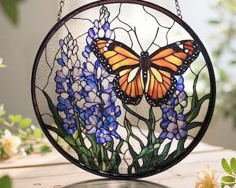 Butterfly & Bluebonnet Stained Glass Art, Window Hanging Decor, Floral Lover Suncatcher, Transformation and Texan Charm Suncatcher