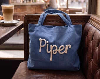 Personalized Corduroy Tote Bag with Chenille Name, an Everyday Shoulder Purse for Weekend Outings and a Birthday or Christmas Gift for Her