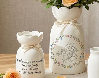 Jarrón personalizado con manos entrelazadas, regalo del Día de la Madre para mamá o esposa, jarra de cerámica con nombre familiar personalizado, regalo con cita sentimental de los niños, regalo para mamá