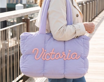 Personalized Puffer Tote Bag with Chenille Name, Quilted Nylon Shoulder Bag with Zipper for Fall Commutes, Daily Workdays and Weekend Travel