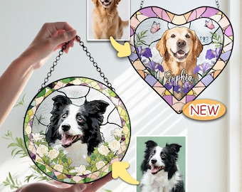 Atrapasol de perro personalizado con forma de corazón, vitral conmemorativo con foto de mascota, regalo conmemorativo por la pérdida de una mascota.