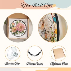 May include: The image shows a round stained glass art piece with a floral design in a gift box. The text "You Will Get" is at the top. Additional items include a suction cup, a metal chain, and a giftable box.