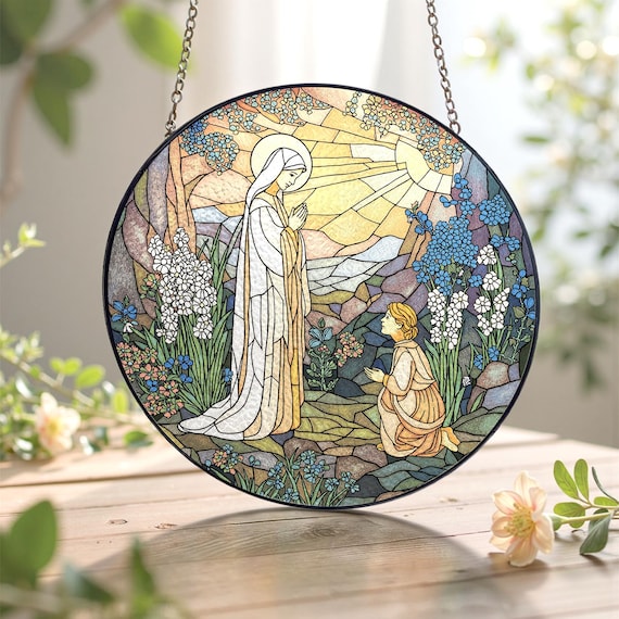 Stained Glass Our Lady of Lourdes Suncatcher/Virgin Mary Religious Decor/Catholic Window Hanging/Christian Faith Gift/Mother's Day Present