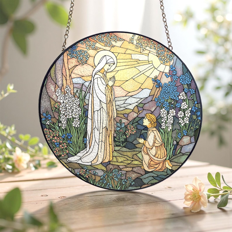 Peut inclure: Vitrail rond repr&eacute;sentant une sc&egrave;ne religieuse. Une femme en robe blanche se tient devant une personne agenouill&eacute;e, entour&eacute;e de fleurs et d'arbres. Le soleil brille vivement en arri&egrave;re-plan, avec un cadre en m&eacute;tal noir et une cha&icirc;ne de suspension.