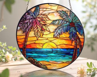 Witraż z motywem zachodu słońca na plaży, kolorowy, plażowy, szklany, artystyczny, dekoracyjny, prezent na letnie wakacje dla przyjaciół lub rodziny