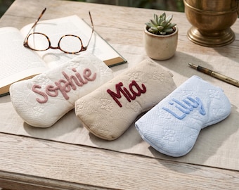 Personalized Sunglasses Pouch with Chenille Name, Quilted Glasses Case for Best Friend Birthdays, Sisters, Weekend Travel and Everyday Gifts
