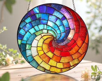 Colorful Rainbow Glass Spiral Suncatcher, Modern Circular Mosaic Wall Hanging, Mosaic Wall Art, Unique Gift for Artistic Church Decor