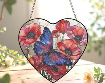 Heart Stained Glass Suncatcher: Blue Butterfly & Red Poppy Window Hanging