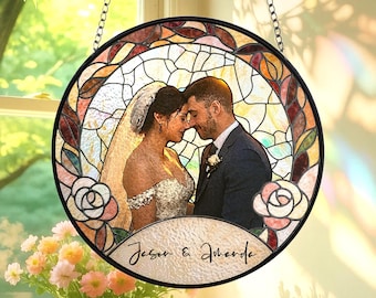 Custom Couple Photo Stained Glass Suncatcher • Wedding Anniversary Gift