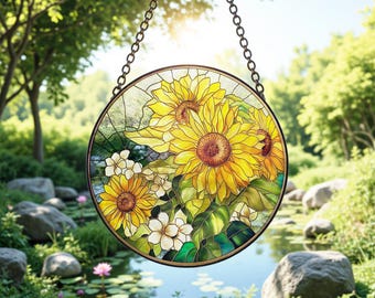 Sunflower Stained Glass Suncatcher, Sunflower Window Hanging Garden Decor, Christmas Mother's Day, Valentine's Day Ornaments Festival Gift