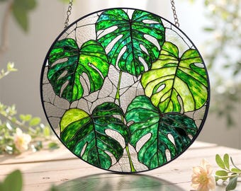 Juego de atrapasol de vitral con planta Monstera, decoración tropical para ventanas, regalo para mamás, arte de jardín que atrapa la luz, decoración bohemia para el hogar.