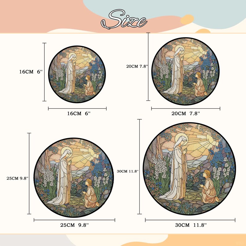 Peut inclure: Quatre &oelig;uvres d'art circulaires en vitrail repr&eacute;sentant une sc&egrave;ne religieuse avec une figure en blanc et une personne agenouill&eacute;e. Tailles disponibles : 16 cm (6 pouces), 20 cm (7,8 pouces), 25 cm (9,8 pouces) et 30 cm (11,8 pouces). Le mot "Size" est en haut.