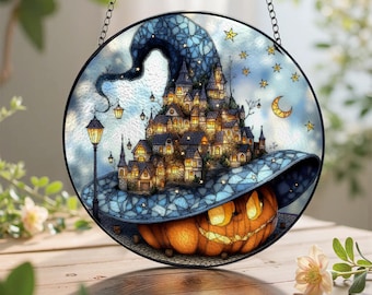 Sombrero de bruja y atrapasol de calabaza con vitrales: arte para ventanas de Halloween